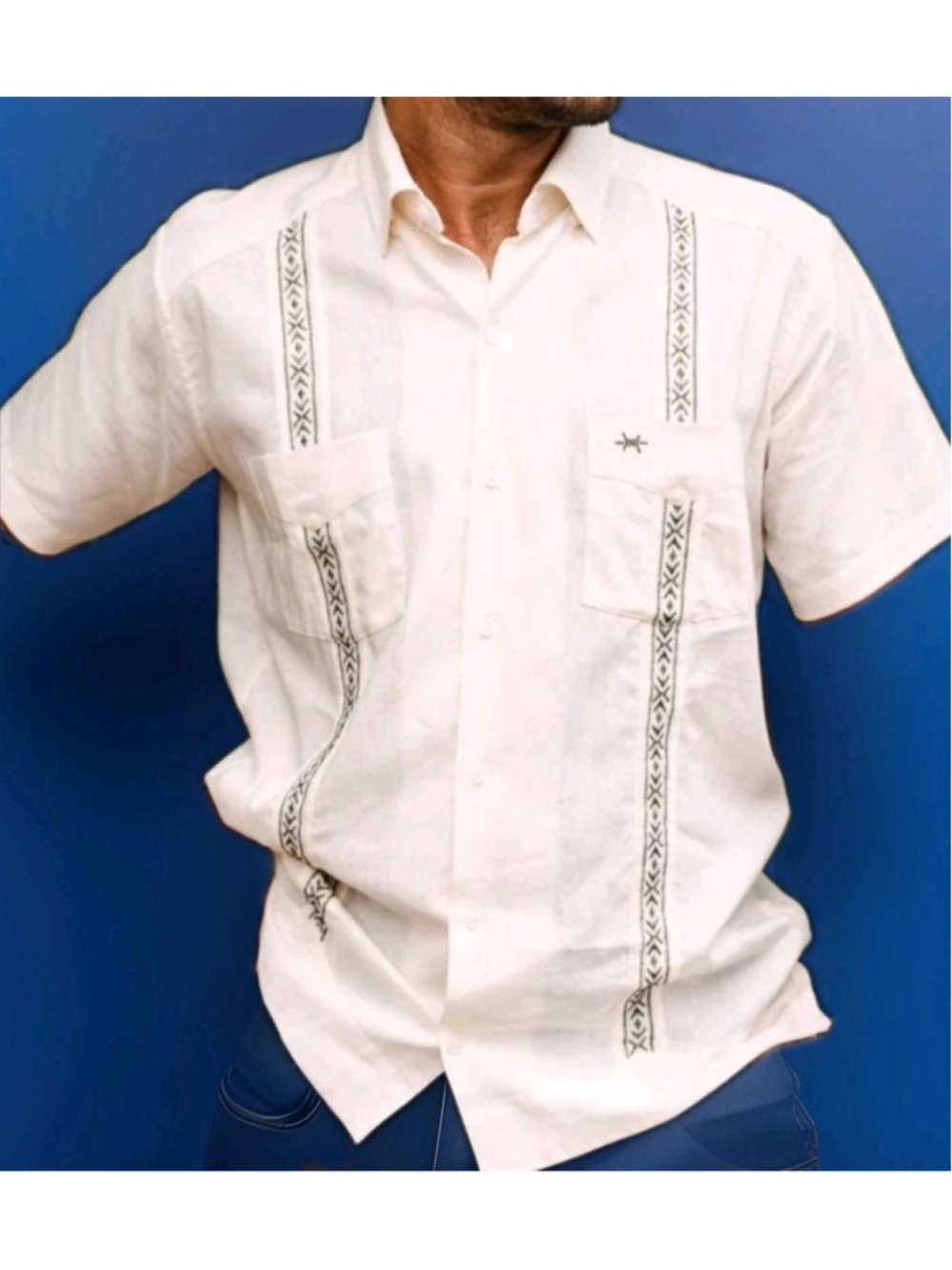TEXAS STANDARD-Tejas-Guayabera Shirt-Flores-Embroidered Natural Linen-Sz Medium